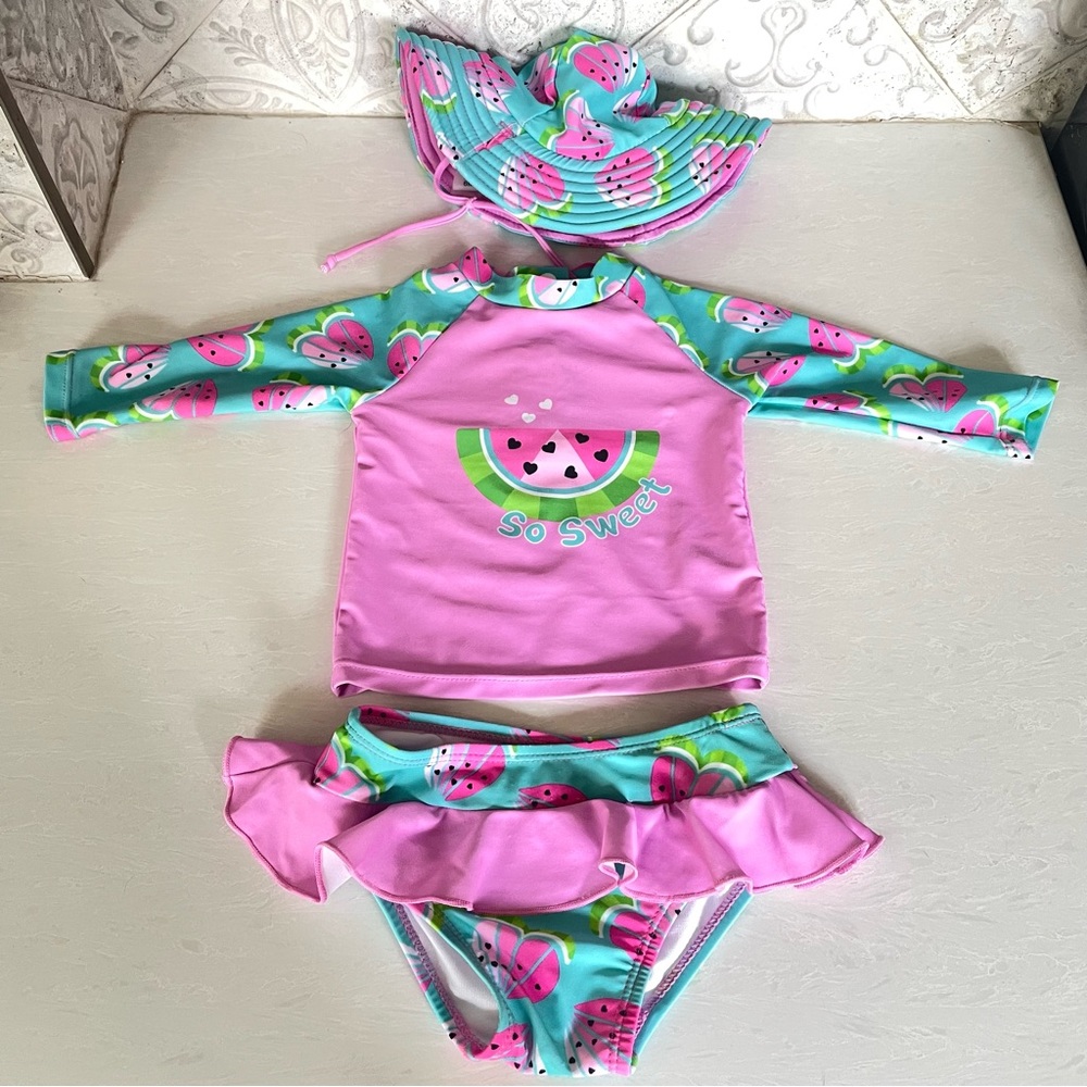 Baby Bathing Suit Set- Dolphin Love- 6 Months- Watermelon Rash Guard & Hat
